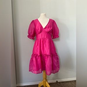 Plunging neck puff sleeve ruffle hem dress